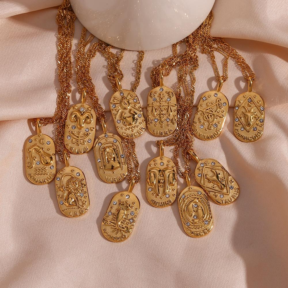 Drop Ship Vintage Embossment 12 Zodiac Signs Zircon Pendant Necklace 18K Gold Plated Stainless Steel Necklace for Women