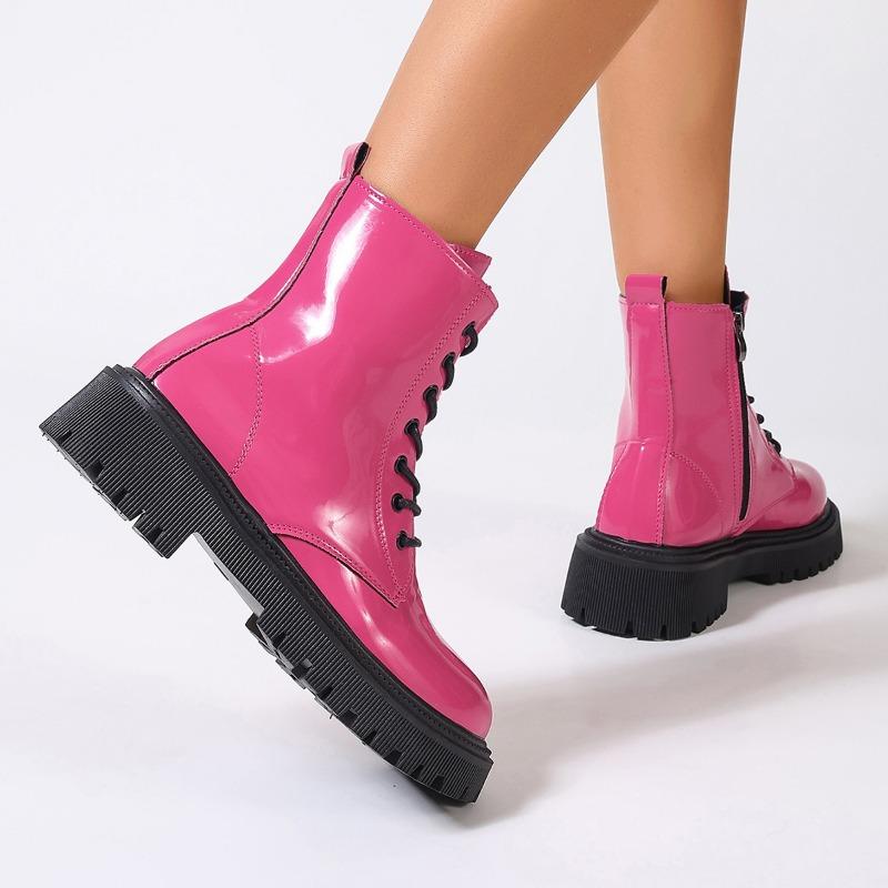 2024 Lace Up Pink Ankle Boots Woman Patent Leather Platform Motorcycle Boots Woman Thick Heels Zipper Short Booties