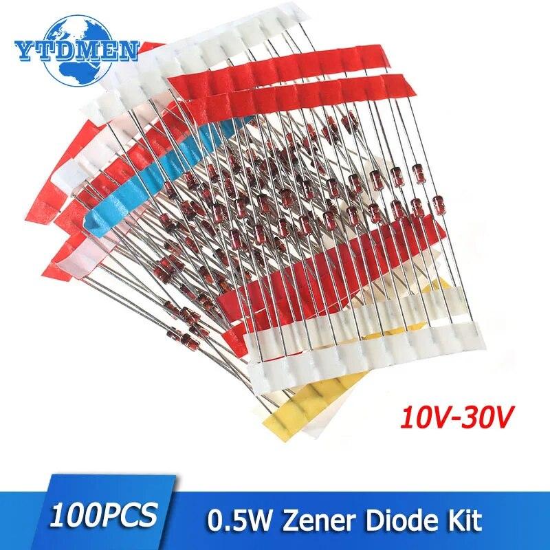 100 шт., 10 значений, 0,5 Вт, комплект стабилитронов, набор электронных компонентов, 10 В, 11 В, 12 В, 13 В, 15 В, 16 В, 18 В, 24 В, 27 В, 30 В