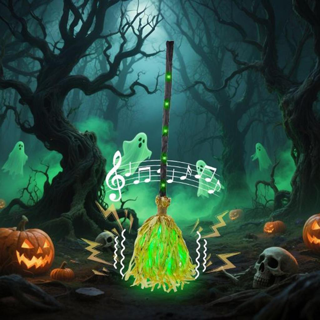 1:1 Witch Broom Halloween Green Led Witch Broom Decor Lighted Spooky Supplies Decorations For Door Porch Haunted House Yard