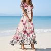 Women's Casual Fashion Print Long Dresses V-Neck Short Sleeve Dresses