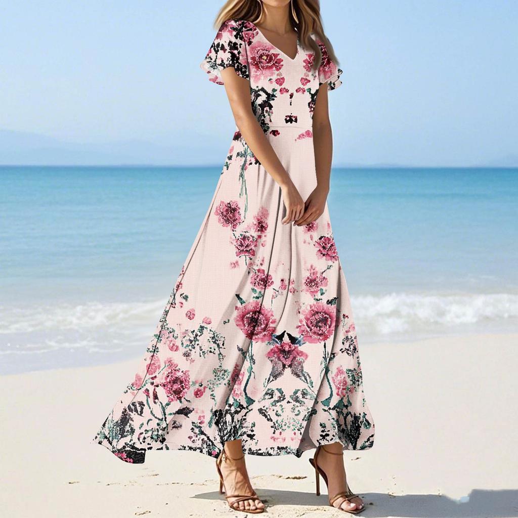 Women's Casual Fashion Print Long Dresses V-Neck Short Sleeve Dresses