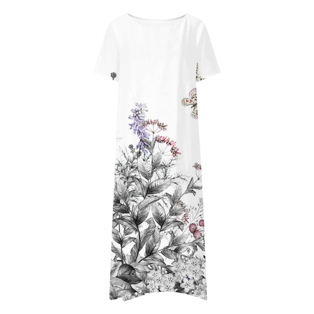 Women's Summer Casual Fashion Floral Print Short Sleeve Round Neck Pocket Dress