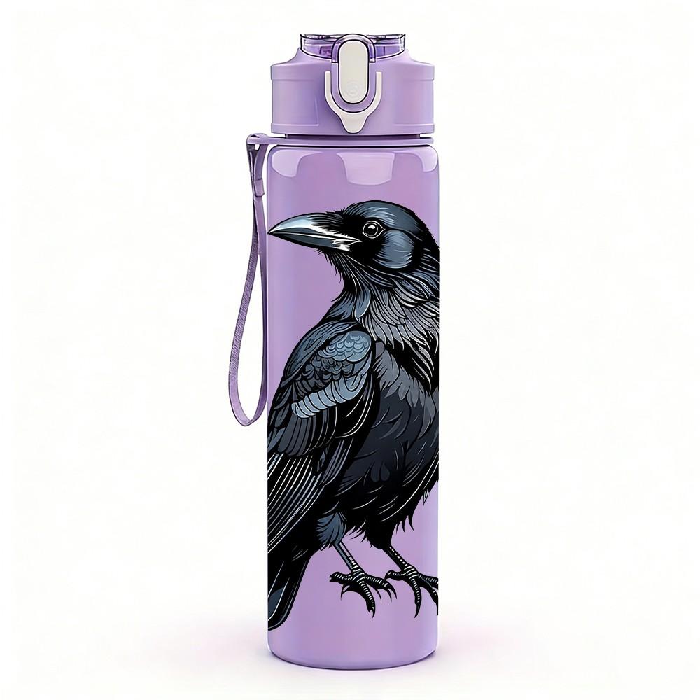 1PC Black Raven Bird Dark Pattern 750ml Color Plastic Sports Water Bottle Leakproof Flip Straw Lid Suitable for Sports Office Home Use