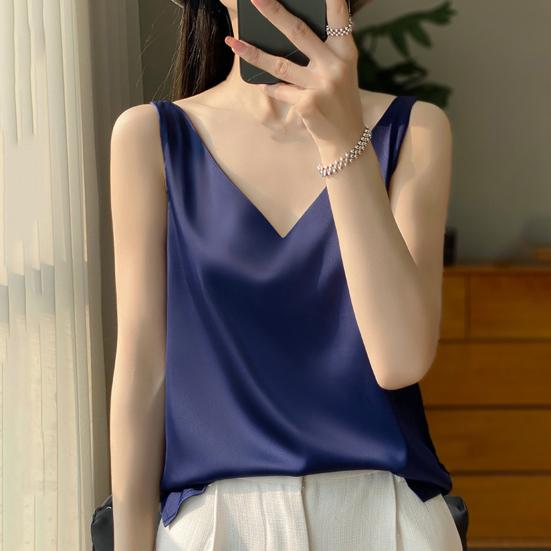 Женский жилет с V-образным вырезом без рукавов, однотонные топы свободного кроя из гладкого атласа, универсальная повседневная одежда