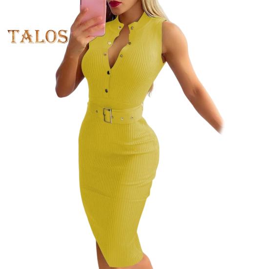 Женское повседневное платье Slim Fit с поясом и высокой талией Воротник-стойка с V-образным вырезом без рукавов Половина однобортный OL Стиль Оболочка длиной до колена Формальный офисный миди