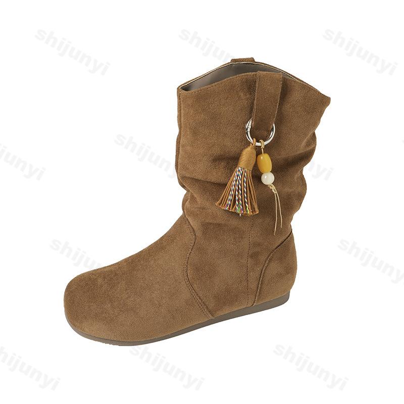 Модные женские винтажные короткие ботинки 2025 Осень Зима Новые Круглый носок Модные Повседневные Балетки Удобные Уличные Нескользящие Ботинки из Матовой Замши