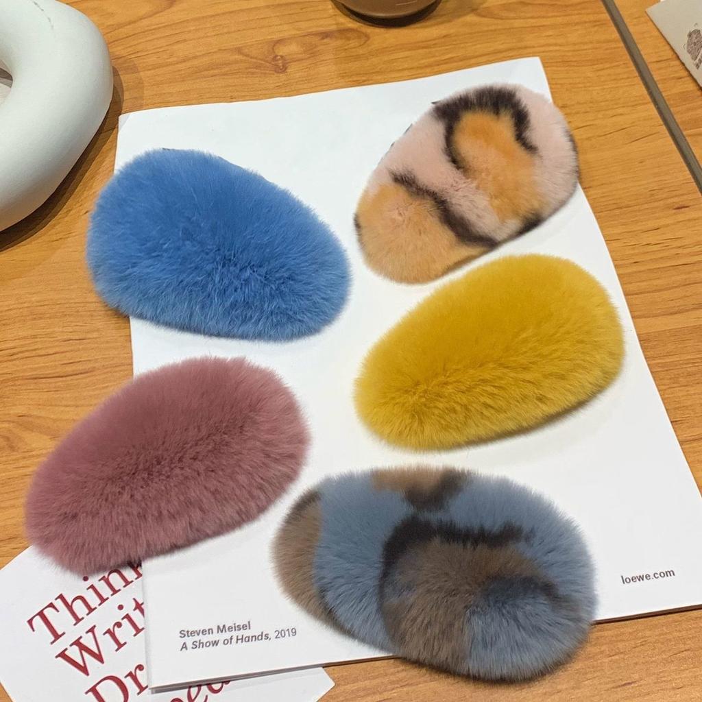 Плюшевая заколка для девочек из натурального кроличьего меха, женская заколка с челкой