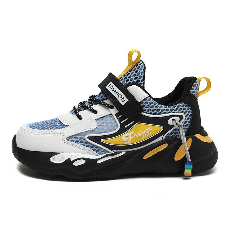 Обувь для мальчиков 2025 осень новая двойная сетка кожаная поверхность дышащая полая детская спортивная обувь для мальчиков среднего и старшего возраста кроссовки для бега
