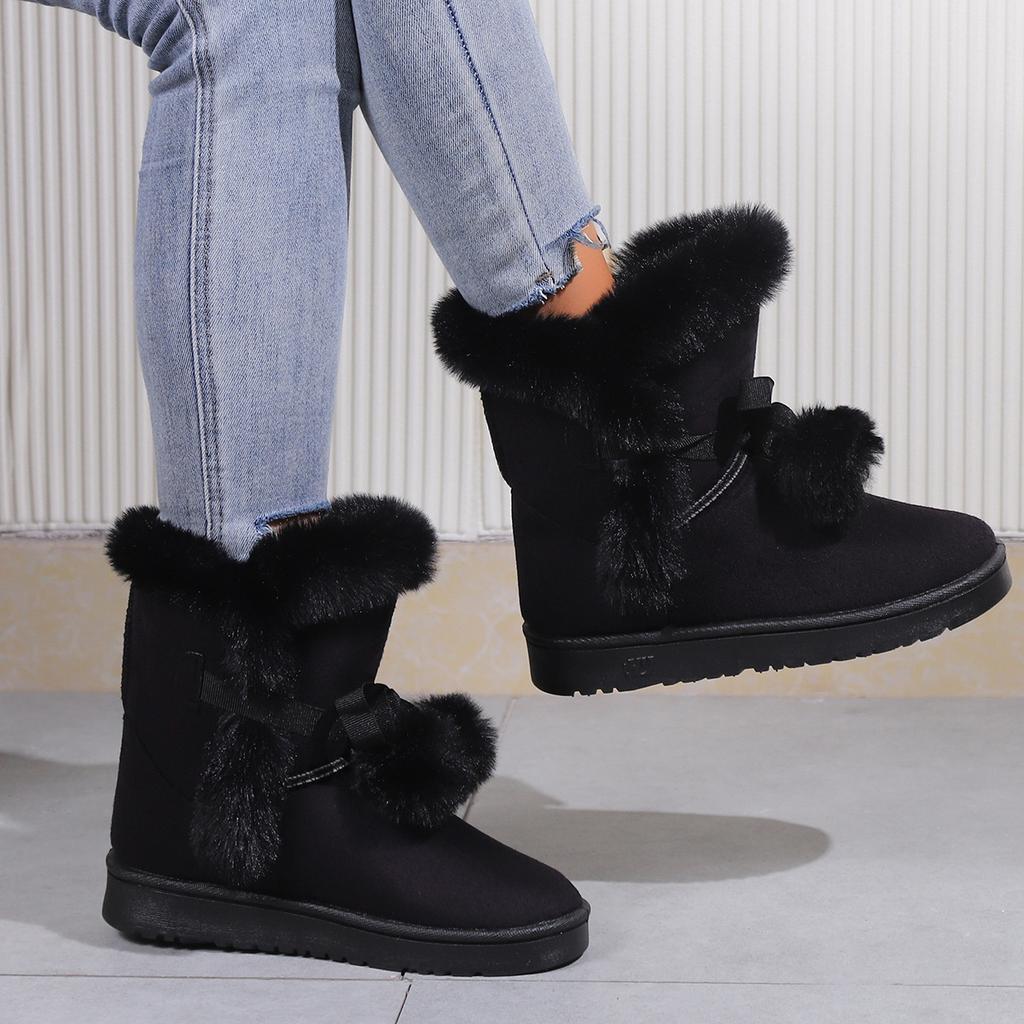 Новые зимние женские сапоги большого размера, хлопковые сапоги, хлопковая обувь с помпоном, женские сапоги средней высоты, теплые, универсальные, повседневные женские зимние сапоги