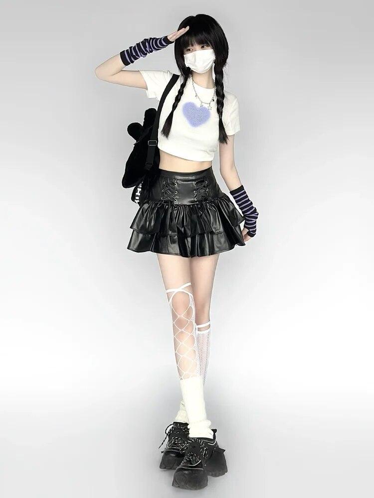 Punk Style PU Leather Mini Skirts Women High Waist Lace Up Black Pleated Skirt Streetwear Korean Style Leisure A-line