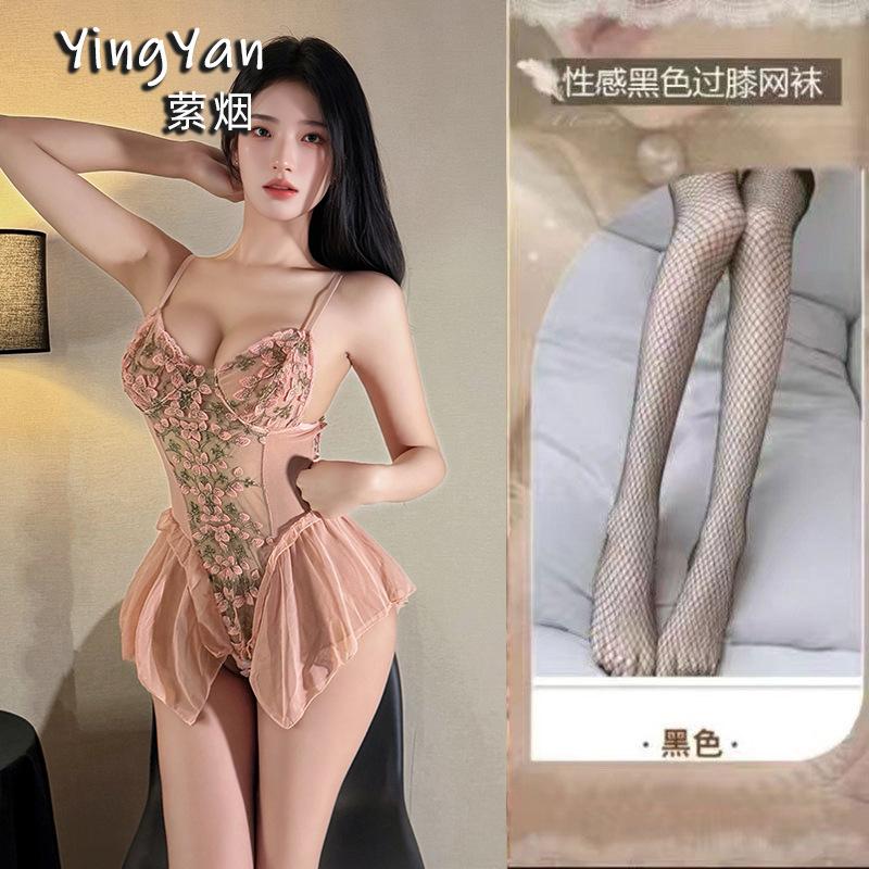 Sex underwear pure desire to avoid flowers and vines deep V-neck onesie sexy embroidered mesh tight suspender nightdress