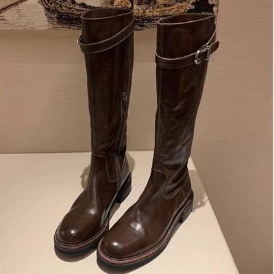 Модные женские высокие сапоги на толстом каблуке, зимние новые, с круглым носком, боковой молнией, ремешком с пряжкой, мягкой подошвой, противоскользящие, износостойкие, одинарные сапоги