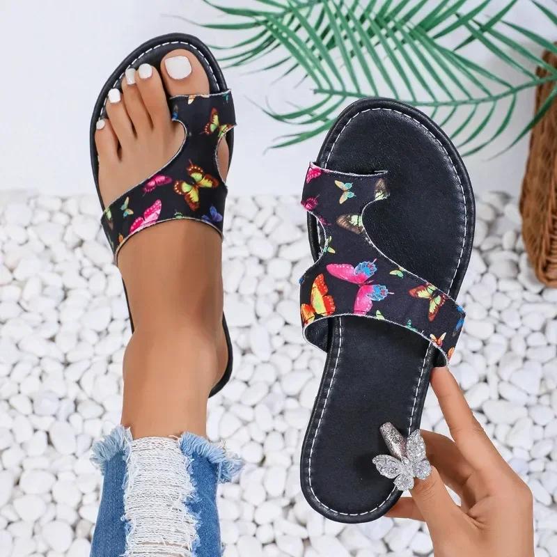 2024 Summer Fashion Hot Selling Toe Cover Women's Slippers Butterfly Mixed Color Flat Casual Beach Comfortable Slippers