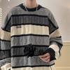 Унисекс винтажный японский свитер с круглым вырезом и контрастными полосками - зимний студенческий стиль, плотная вязка, теплый для мужчин и женщин.