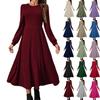 Women's Fashion Round Neck Long Sleeve Solid Colour Casual Maxi Dress With Ribbed Trim And Fringe Detail