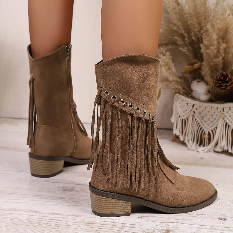 Ботильоны с бахромой больших размеров Женские Зима 2025 Новые Винтажные На молнии сбоку Ковбойские ботинки в западном стиле
