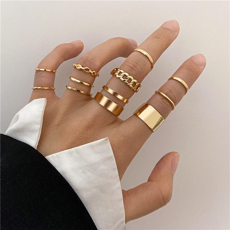 10Pcs Punk Simple Rings Set Zinc Alloy Color Geometric Hollw Wide Ring Set Women's Vintage Joint Hiphop Finger Rings Zircon