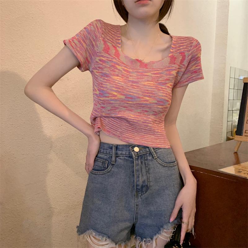 New Korean Style Simple and Fashionable Square Collar Short-sleeved Sweater Female Student Top Female Ins Trendy