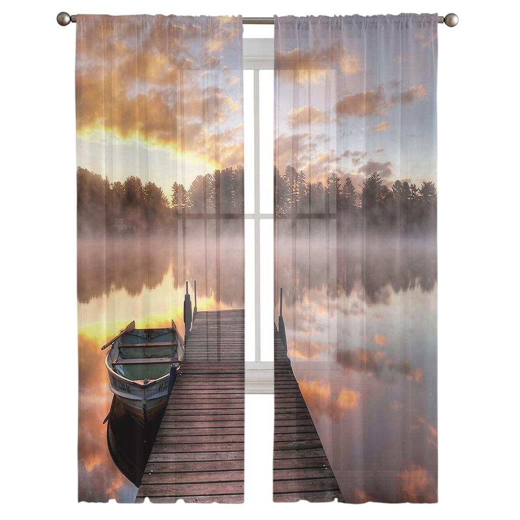 Lake Scenery Window Treatment Tulle Modern Sheer Curtains for Kitchen Living Room the Bedroom Curtains Decoration