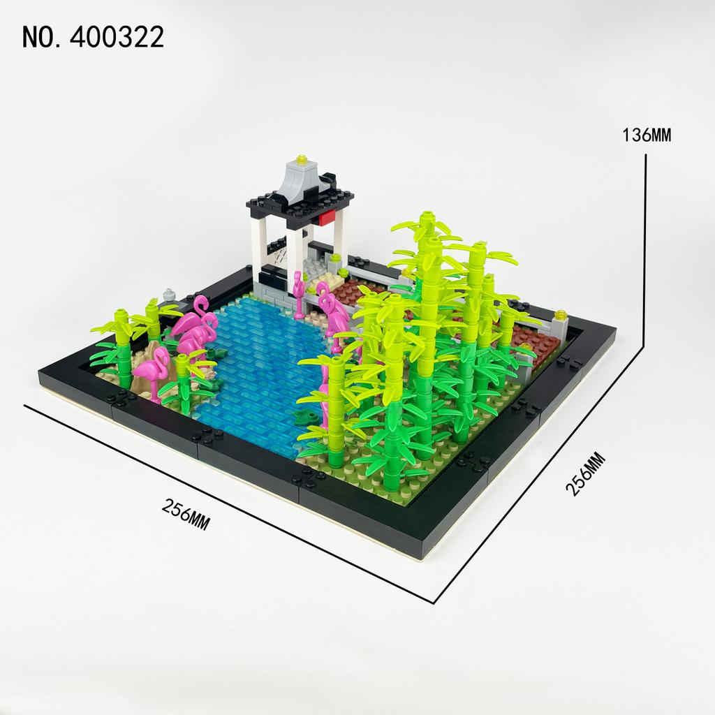 400322 City Wetland Park Grass River Small Grain Floor Bird Animal Model Vegetation Leaves Garden Pavilion Building Block Toy