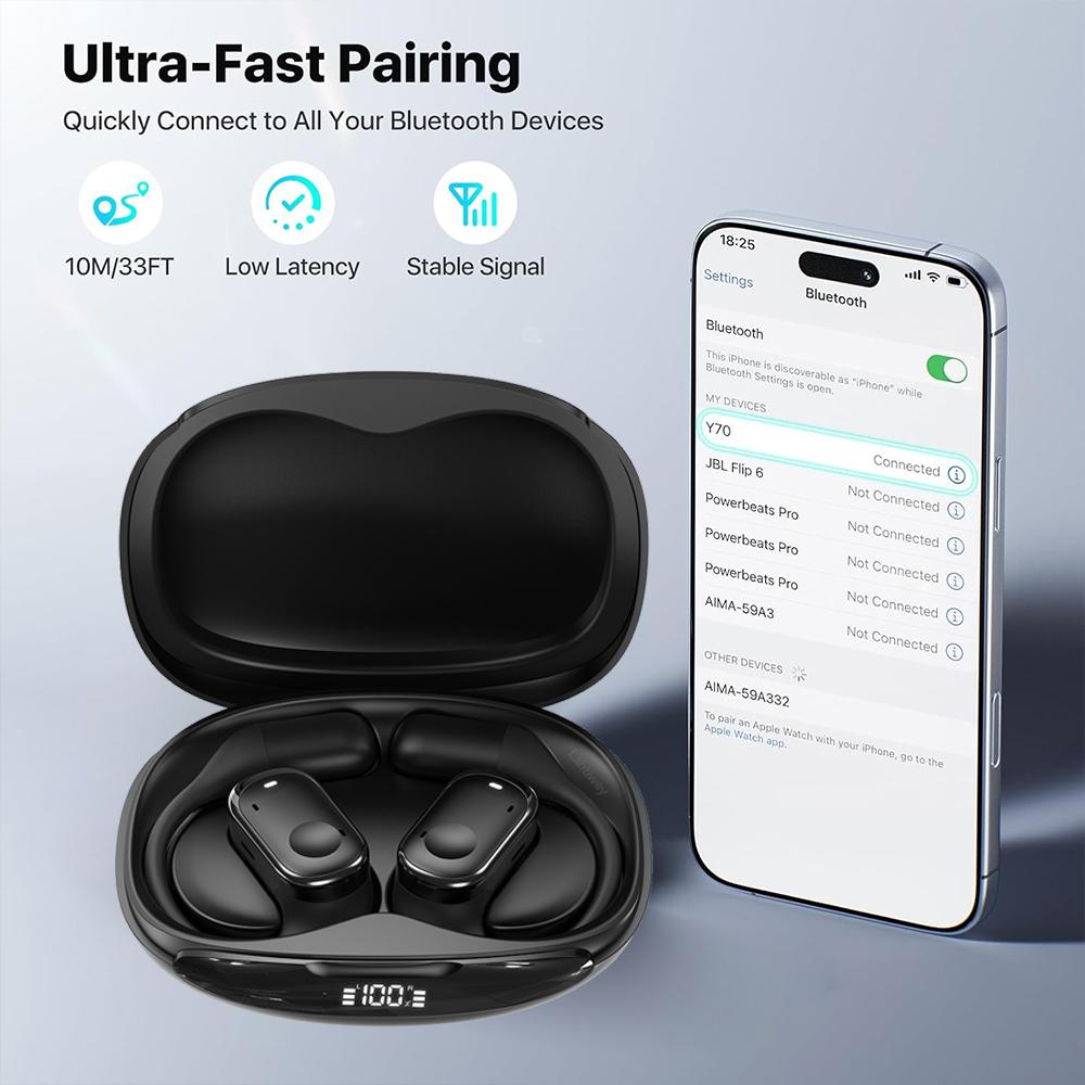 Open Ear Earbuds Wireless Headphones 40HRS Playtime Fast Charging Digital Display Open Ear Headphones with Ergonomic Earhook