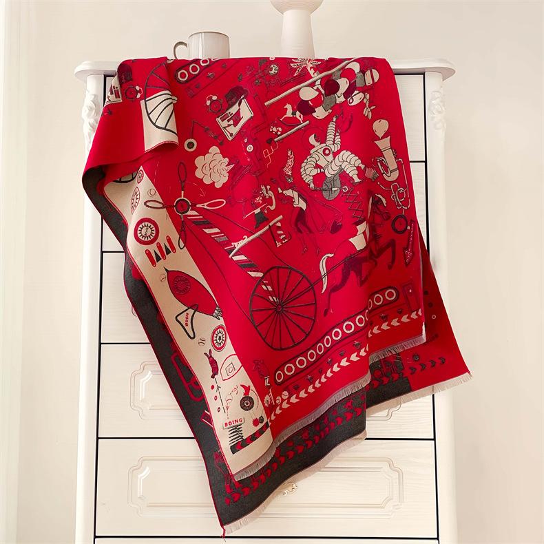 2024 Autumn/Winter New Color Blocked Imitation Cashmere Women'S Tassel Shawl Thickened Warm Double Sided Jacquard Wool Scarf