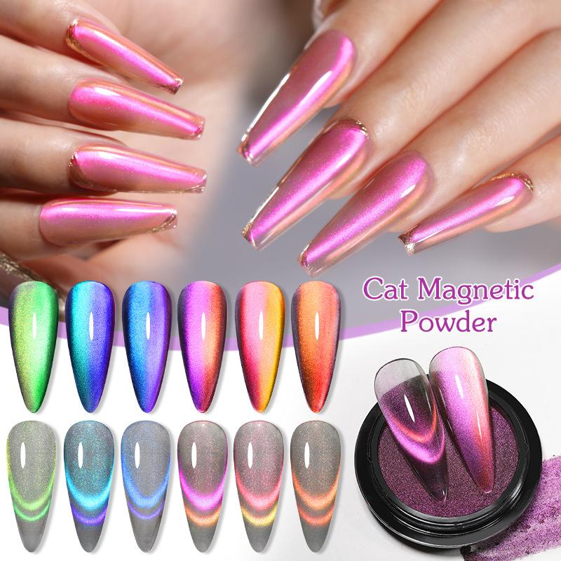 Nicolediary Double Light Cat'S Eye Nail Powder, Nail Art Chameleon Mirror Flour Double Color Spar Cat'S Eye Powder