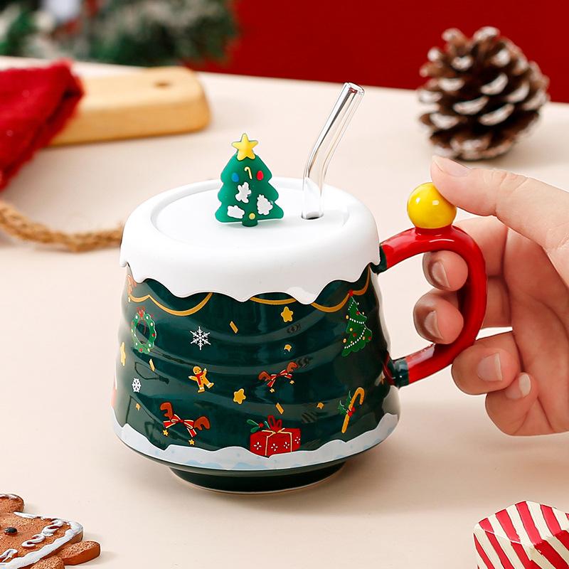 High-Value Christmas Cute Couple Water Cup With Lid, High-End Gift Box, Creative Souvenir Ceramic Cup