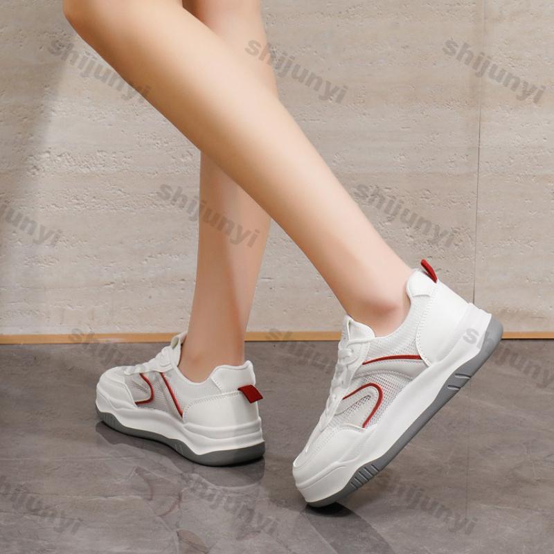 Женская обувь 2025 Весна Осень Новые Удобные Увеличение роста Шнуровка Прошивка Повседневная обувь Дышащие Сетчатые Кроссовки на платформе