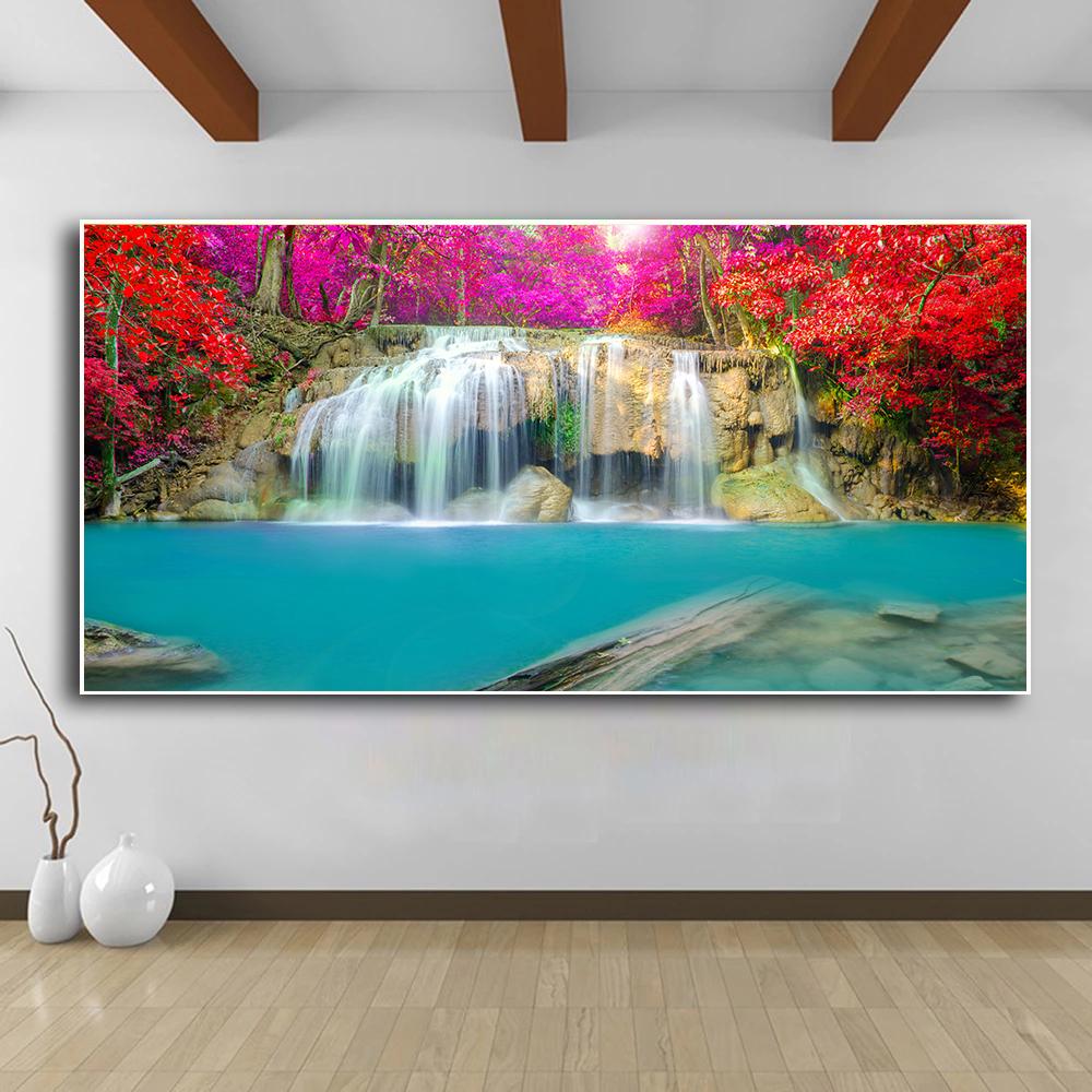Природный пейзаж, водопад, настенные картины, холст, живопись, настенное искусство, зеленое, красное дерево, лес, постеры, принты для декора гостиной