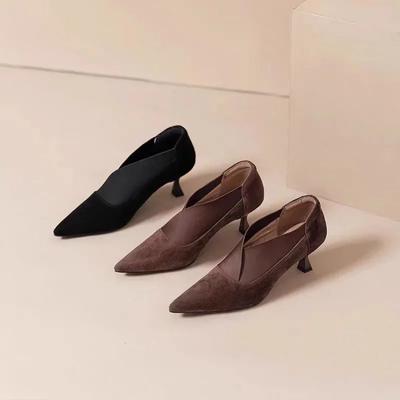Новые женские туфли Женские сапоги с острым носком Высокие каблуки Туфли Le Fu с глубоким носком Популярная женская обувь