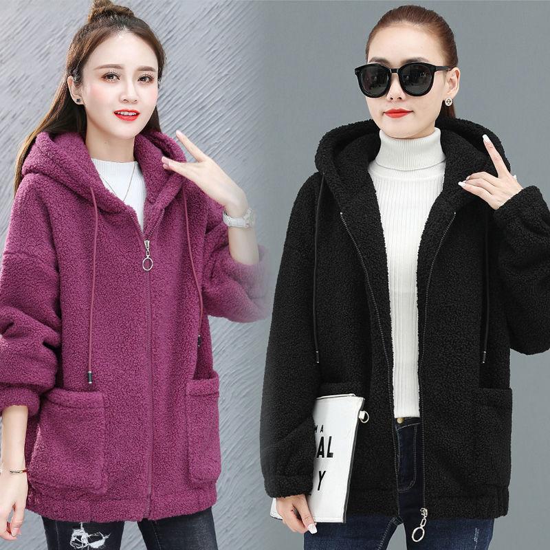 Women Hooded Coat Chic Fleece Thick Solid Color Pockets Long Sleeves Loose Warm Plush Zipper Cardigan Outdoor Autumn Winter New