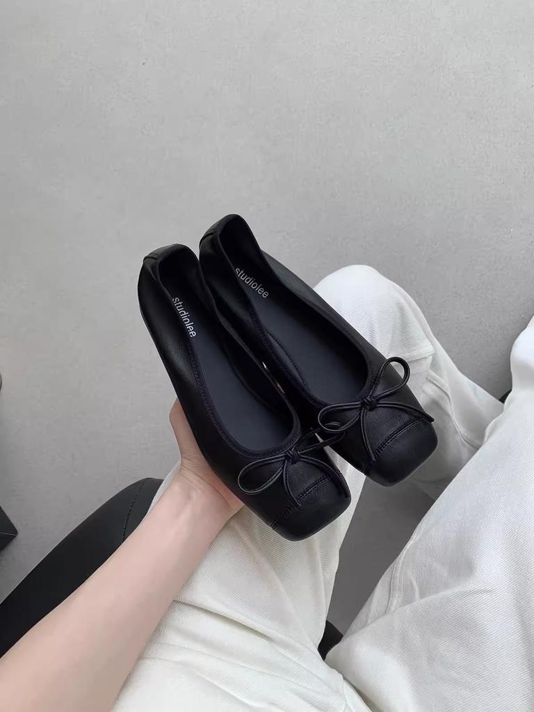 Sheepskin Version~ Genuine Leather Retro Flat-bottomed Ballet Shoes Women's Head Pedal Bow Single Shoes Grandma Shoes