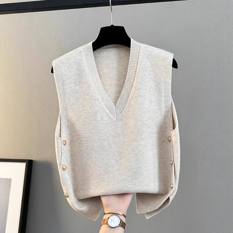 Spring Autumn New Women's Loose Outer Wear Knitted Vest V Neck Solid Color Minimalist Fashion Sweater Gilet Top