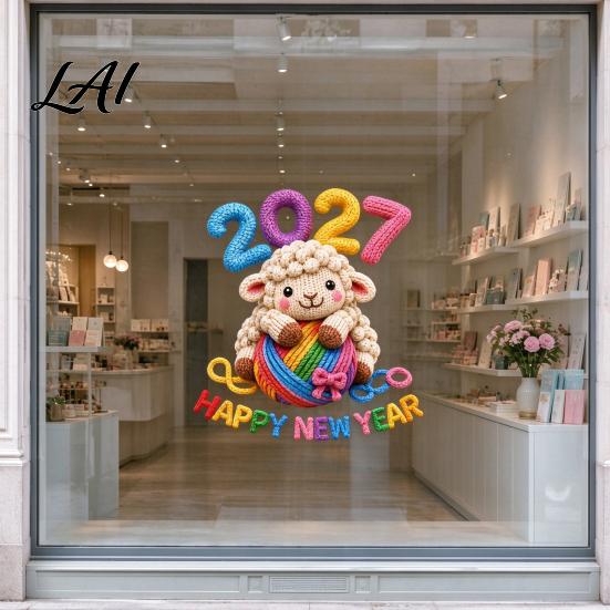 Colorful New Year Window Ornaments 2027 Clings Faux Knit Pattern Cartoon Sheep Static Cute Wool Texture Decals Glass Sticker for Door Mirror Wall,