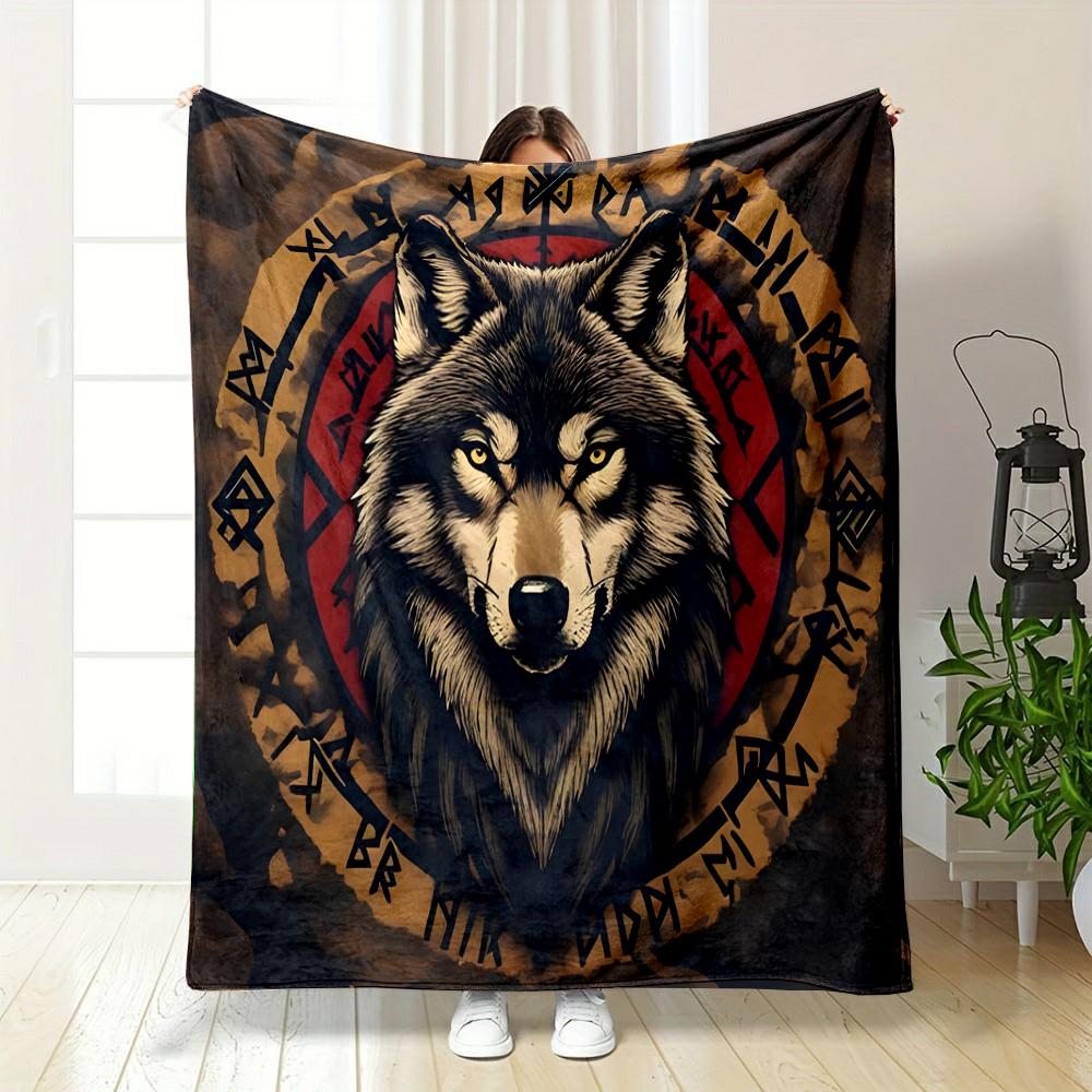 "Viking Wolf with Nordic Runes Design" Patterned flannel blanket perfect for the bedroom living room, sofa, or a little nap
