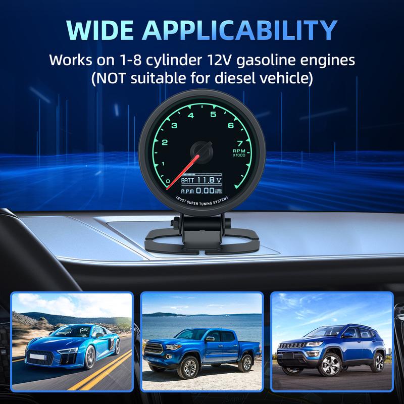 62mm 2.5 Inch Racing Car Turbo Boost Gauge 7 Colors Backlight LCD Display Digital Meter Water Temp Oil Pressure RPM Tachometer