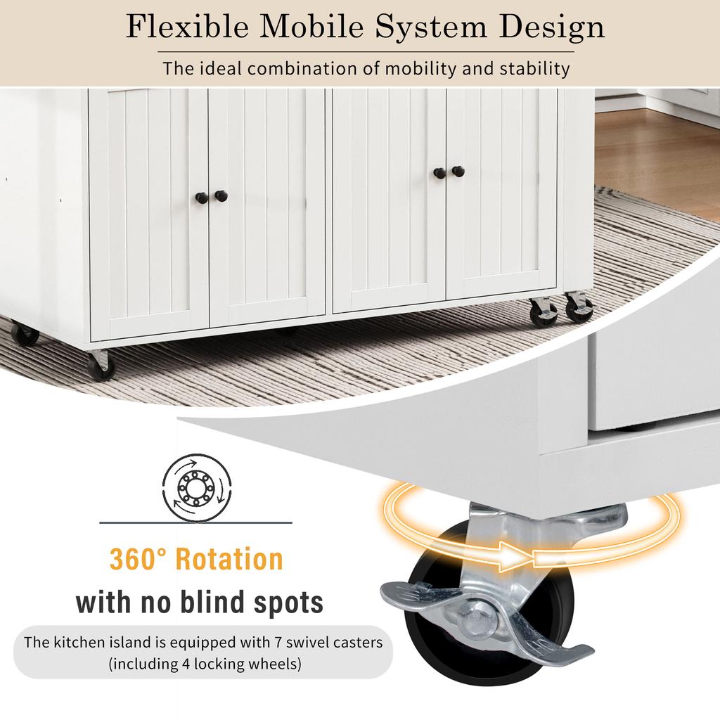 Kitchen Island on Wheels, Extendable Dining Area with Countertop and Drawers, Mobile Freestanding, Ideal for Kitchen and Dining Room (White+Walnut)