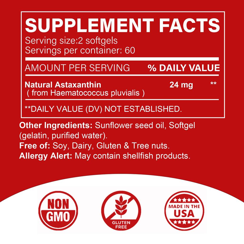 Each serving contains 24 mg of astaxanthin, an antioxidant supplement suitable for skin, eyes, joints, and immune support.