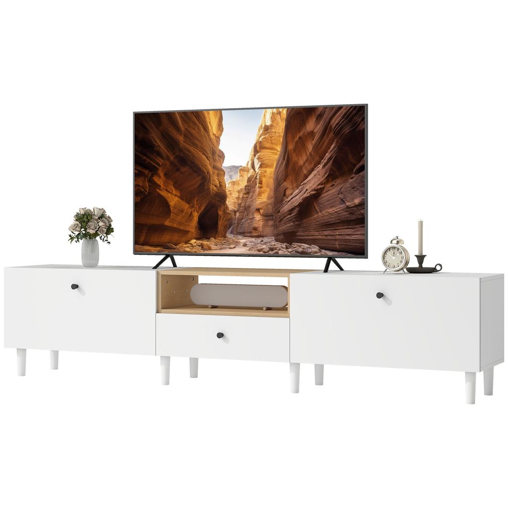 200 cm TV Cabinet for TVs up to 90 Inches, 2 Cabinet Compartments, Open Shelf, Drawer, 8 Legs, Chipboard, White