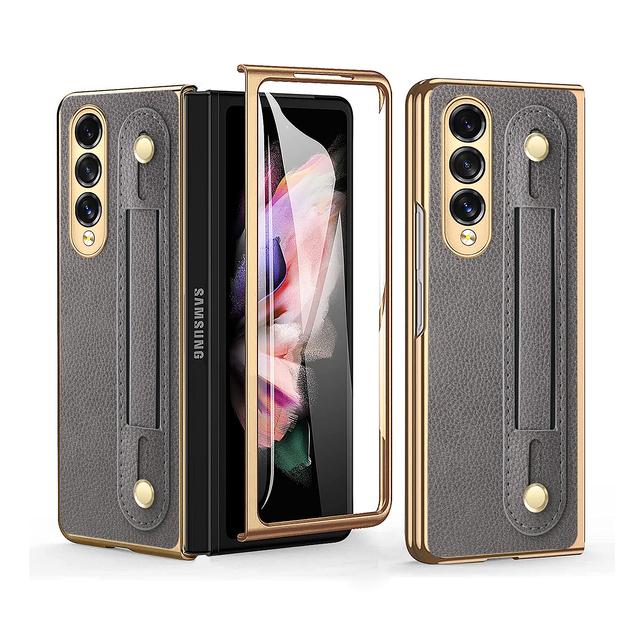 Портативный кожаный браслет с защитой от царапин для Samsung Galaxy Z Fold4 Fold 3 Fold3 Fold 4 2 Fold2 Противоударные чехлы из стеклянной пленки