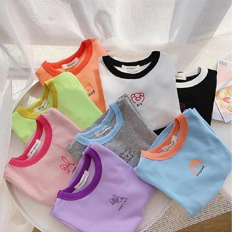 Футболка ярких цветов с мультяшным принтом ярких цветов для мальчиков и девочек, футболка с короткими рукавами и круглым вырезом, детская классная футболка