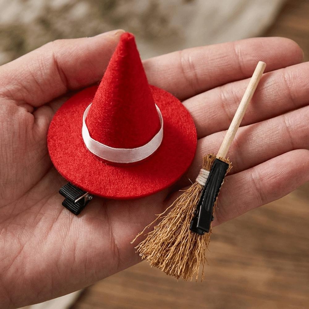 2pcs/set Witch Hat Shape Hair Barrettes Small Broom Shape Cosplay Accessory Hair Clips Set Kid