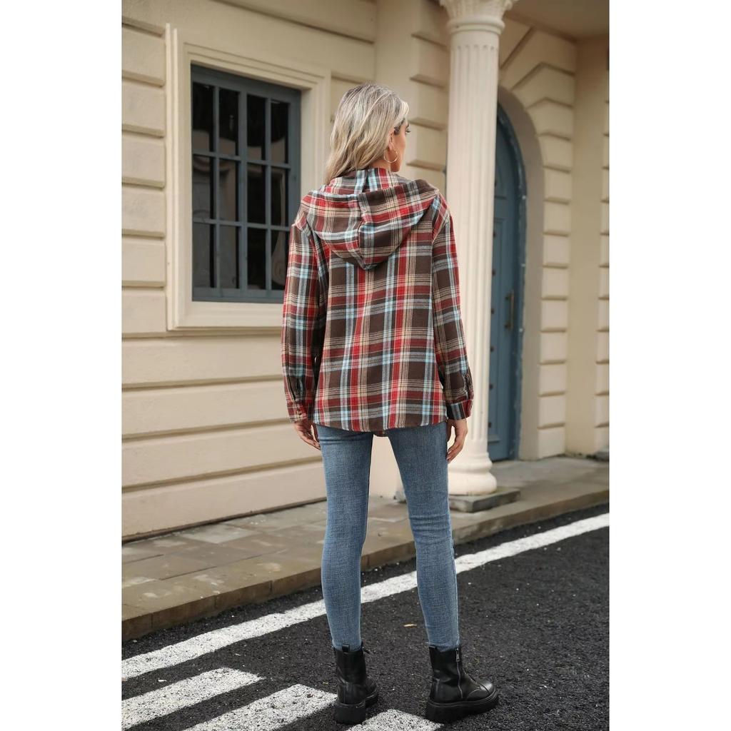 Women Loose Long Sleeve Hooded Button Plaid Pullover Sweatshirt