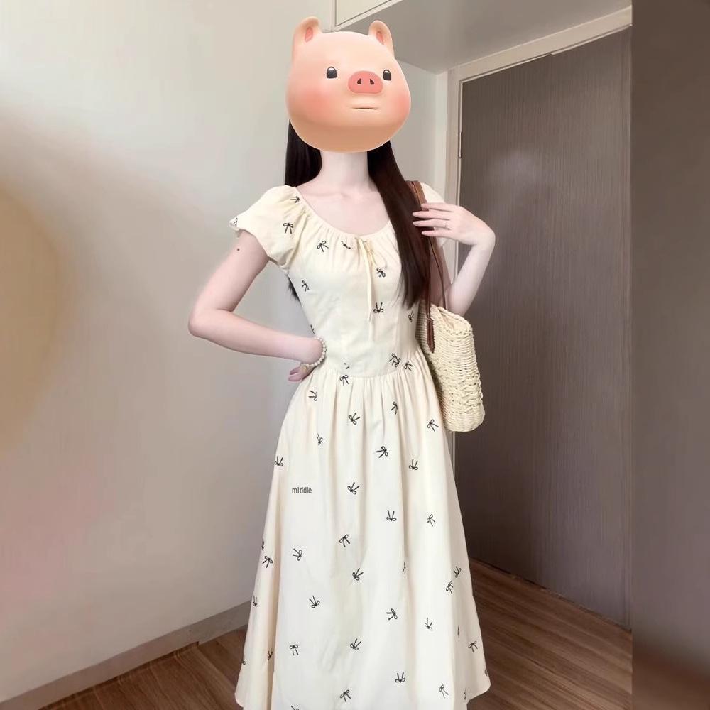 Tea Break French Puff Sleeve Floral Summer Dress - Women’s Small Waist-Defining Long Dress (2025)