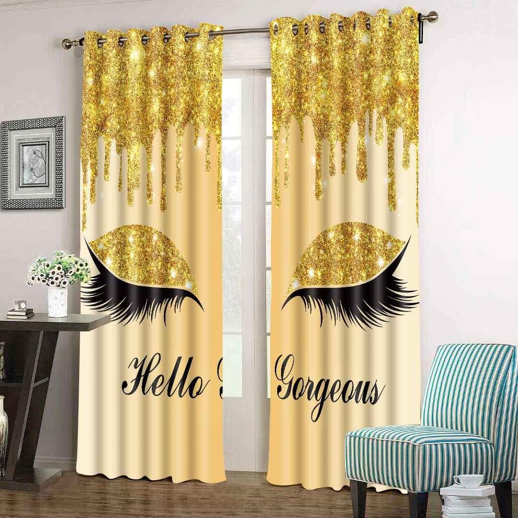 3D Print Modern Pink Golden Eyelash Eyes 2 Panel Lounge Elegant Shading Blackout Window Curtain for Girl Living Room Bedroom