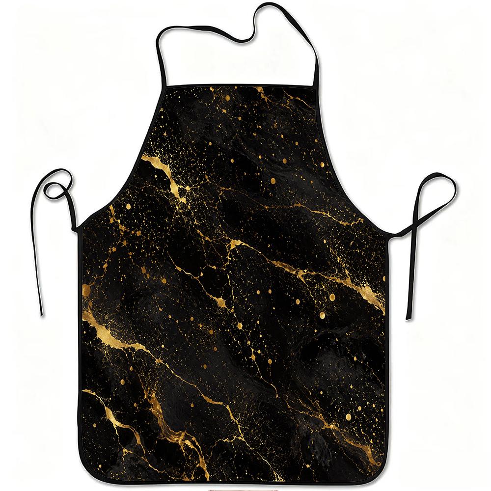 1pc Black Golden Marble Texture Print Apron, Durable and Easy to Clean, Adjustable Waistband, Polyester Material, for Kitchen Cooking, Gardening, Orch