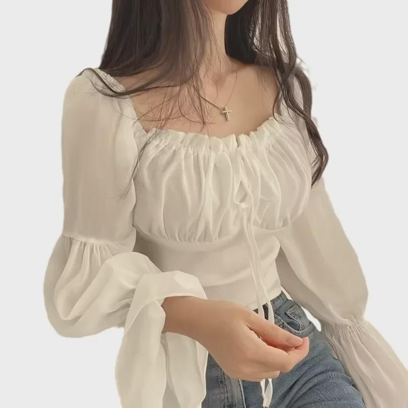 Шифоновая блузка в корейском стиле 2025 года: Деревянная завязка для ушей, квадратный воротник, рукава-трубы, короткий стиль