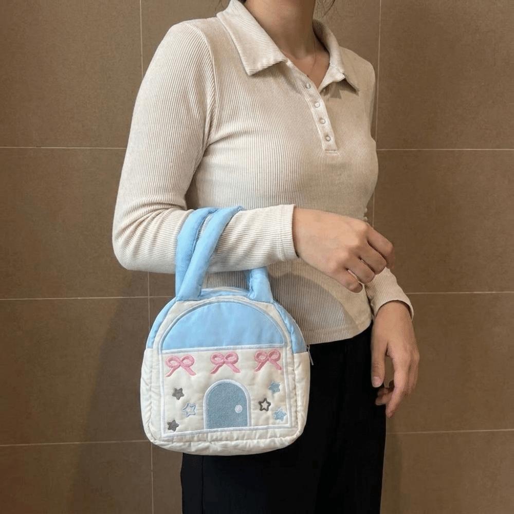 Embroidery Decor Small House Shaped Handbag Portable Makeup Organizer Bag Gift Giving